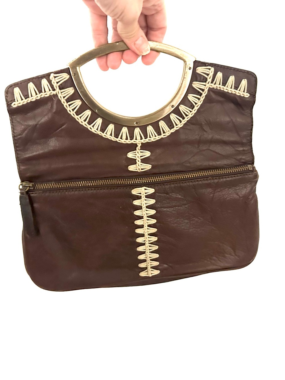 Rafe New York Leather Clutch with Brushed Steel Handle & Whipstitching
